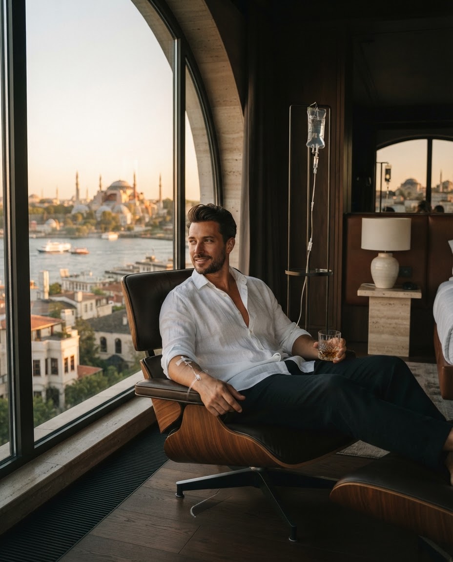 Guest relaxing in a hotel suite during an IV drip